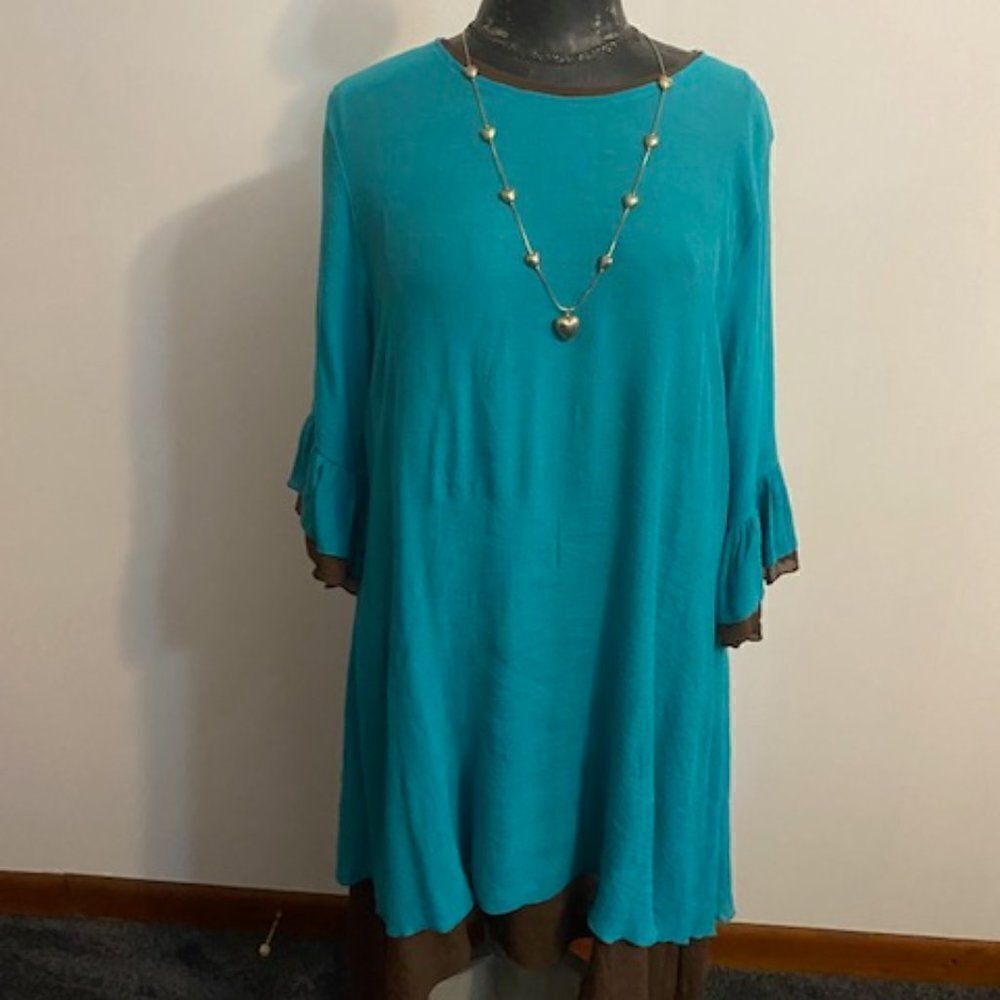 Sassybling  Turquoise/Brown Asymmetrical Layered Ruffle sleeves dress, size XL